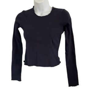 Brandy Melville Fitted Cotton Long Sleeve Cropped Top Scalloped Edge Navy Size S